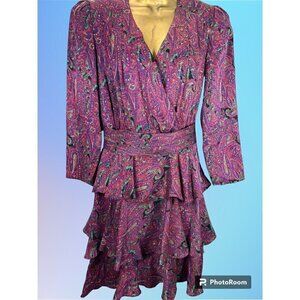 Vintage Richard Warren Dress 4 Mini Ruffled Tiered Faux Wrap Paisley 100% Silk